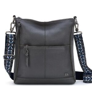 The Sak Lucia Soft Grey Leather Crossbody Handbag w/ Embroidered Strap